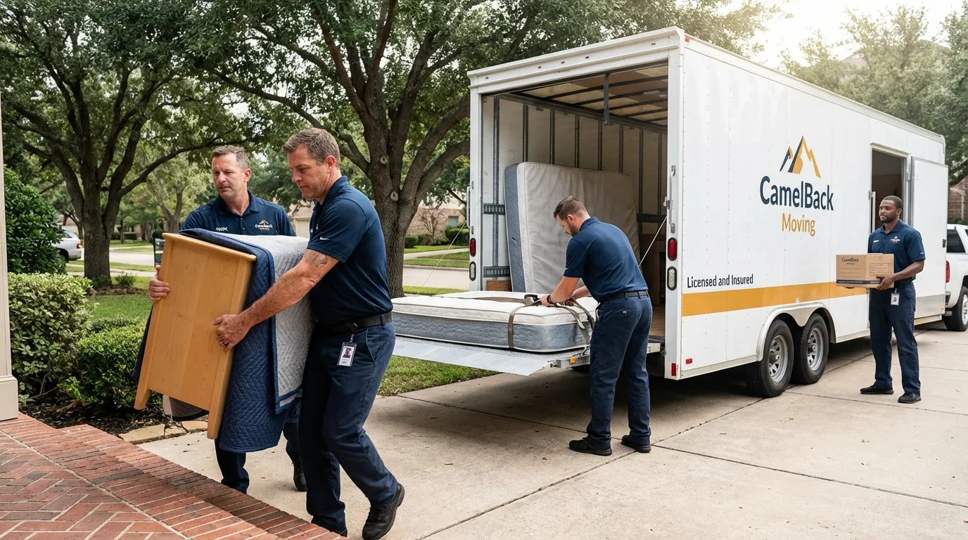 Crew loading residential truck for cross-state move from Choctaw, OK
