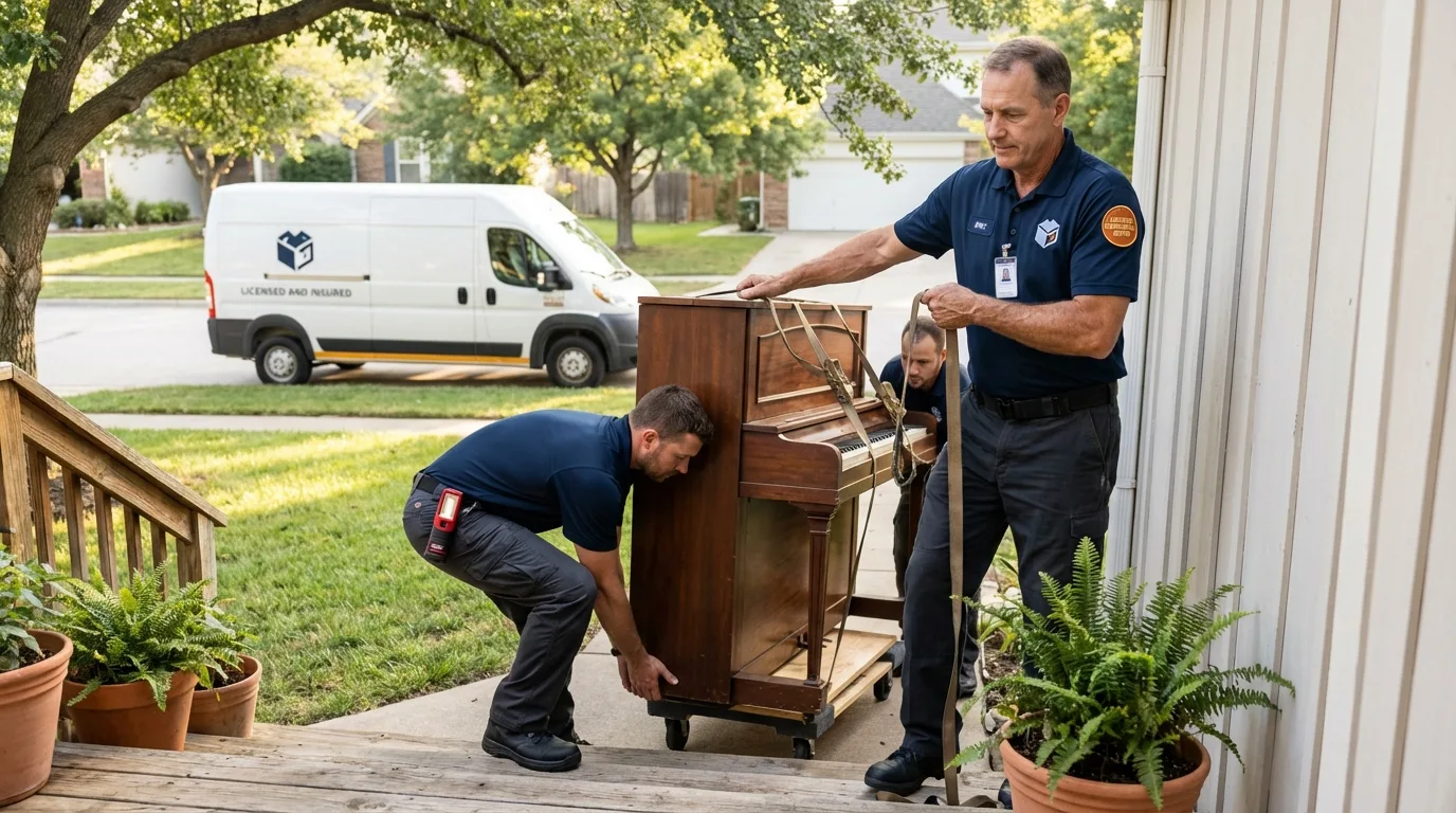 Licensed piano movers securing grand piano in Choctaw, OK
