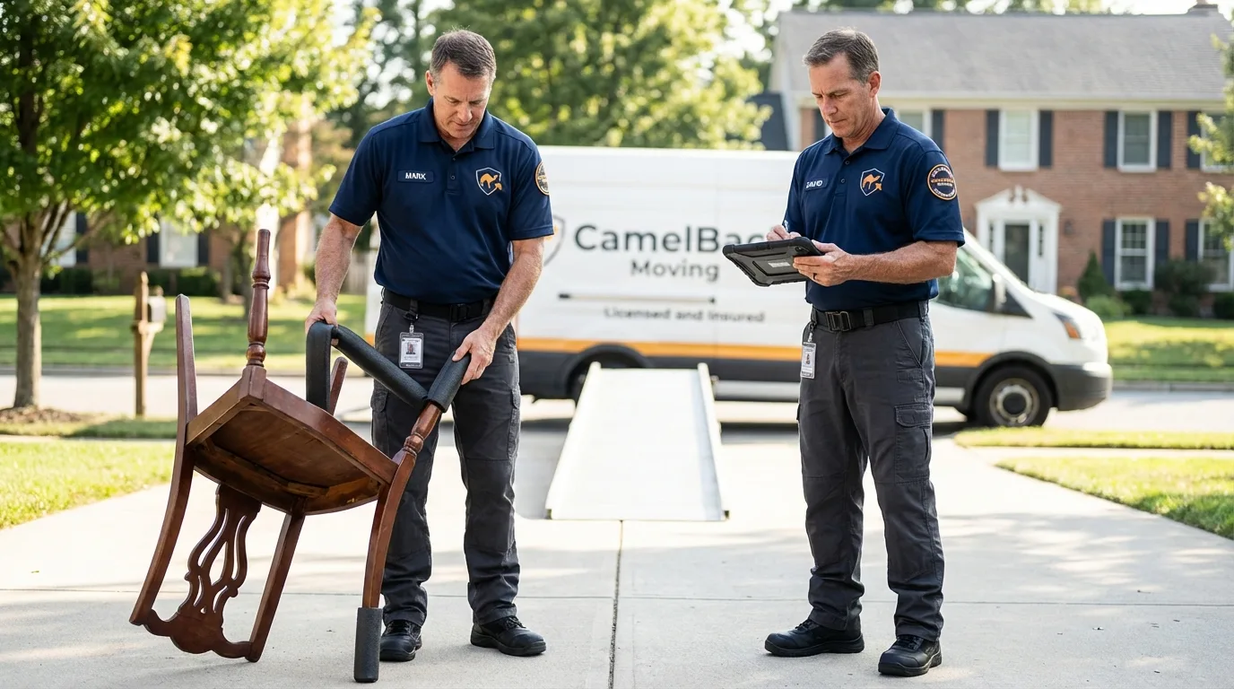Movers inspecting furniture for damage prevention before loading in Choctaw, OK
