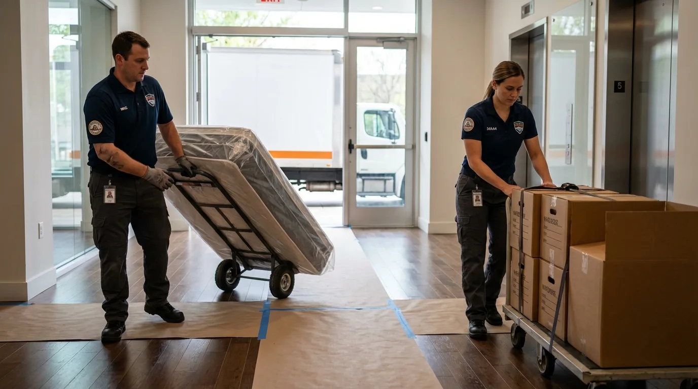 Professional apartment movers loading elevator in Choctaw, OK