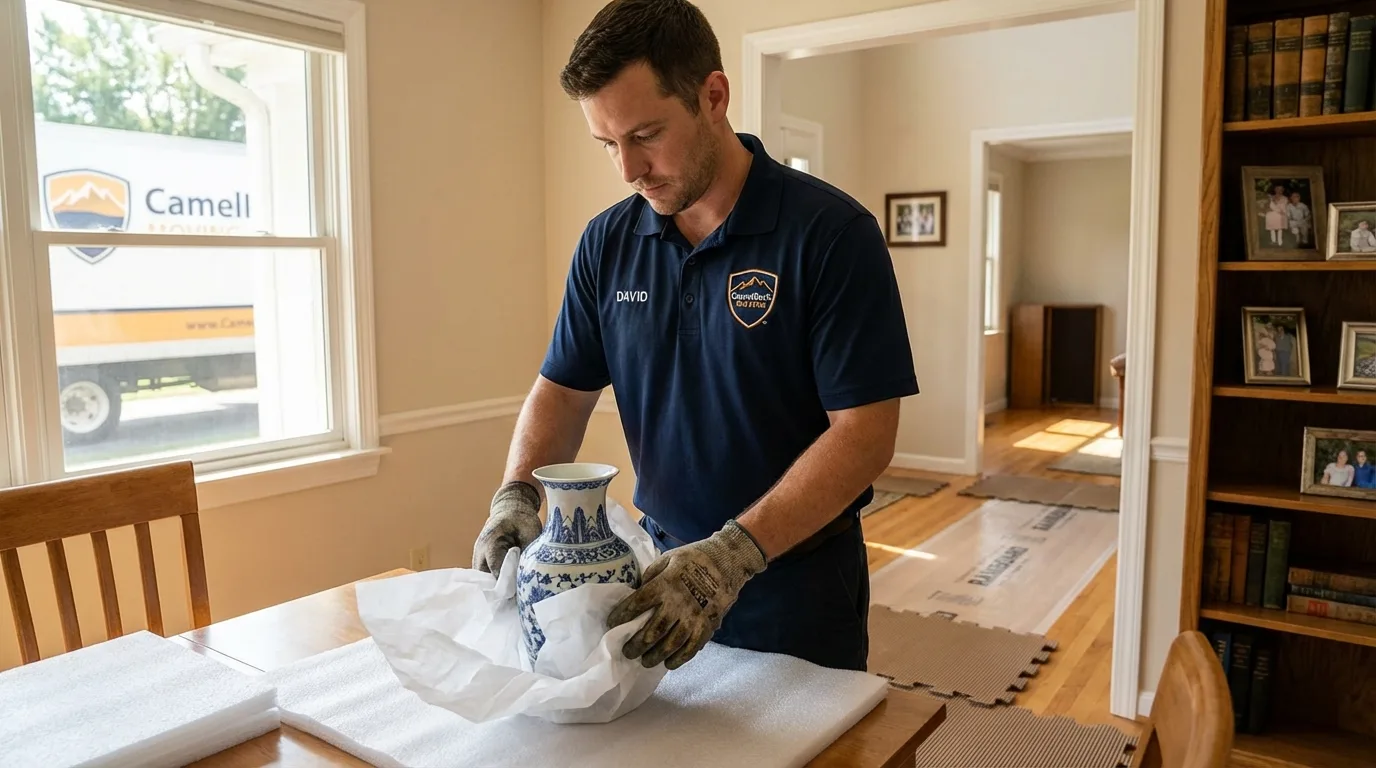 Professional crew carefully wrapping antique vase for senior downsizing move in Choctaw, OK